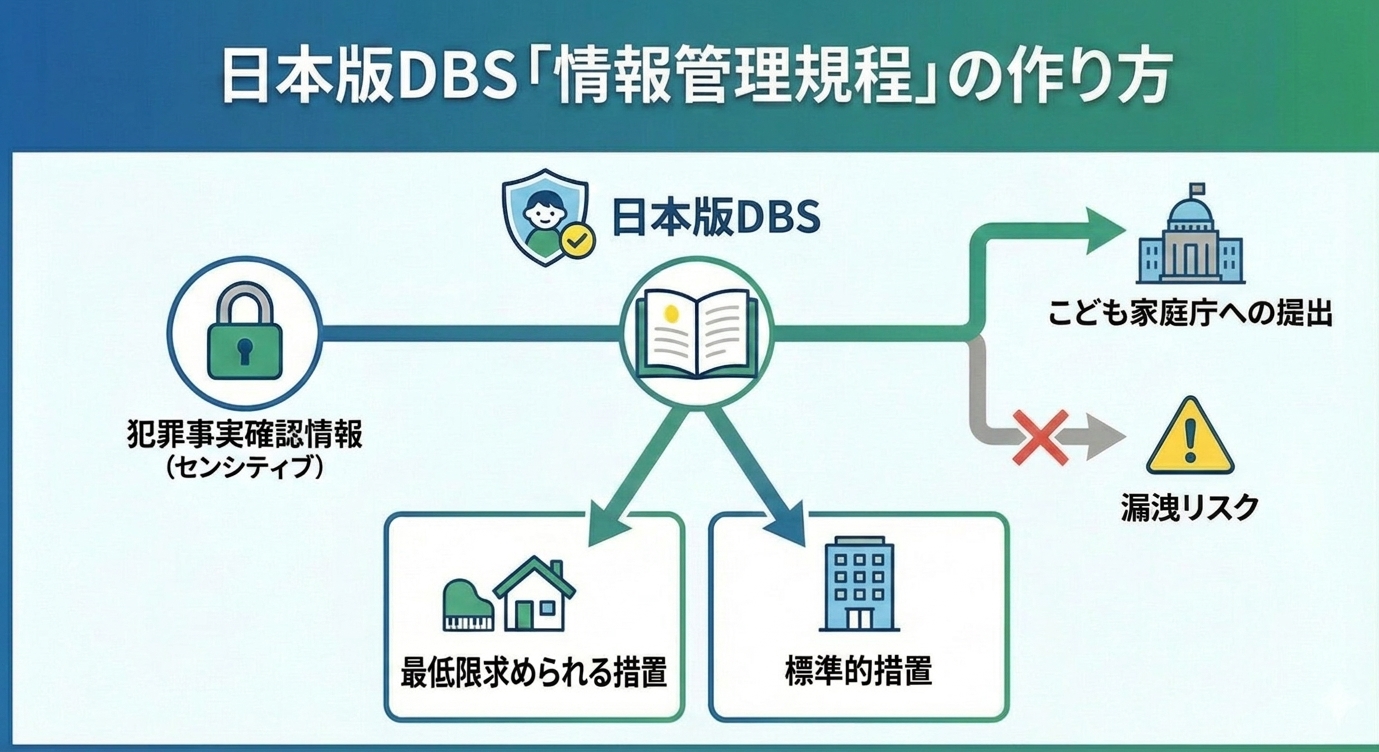 日本版DBSの情報管理規程の作り方。犯罪事実確認情報を規程に沿って管理し、こども家庭庁へ提出、漏洩を防ぐ。措置は標準的措置と最低限求められる措置の2水準